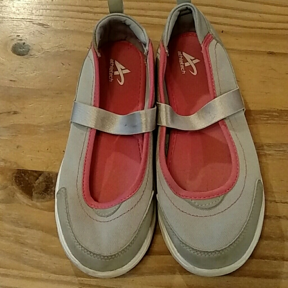 Gray and pink Athletech shoes, size 5.
